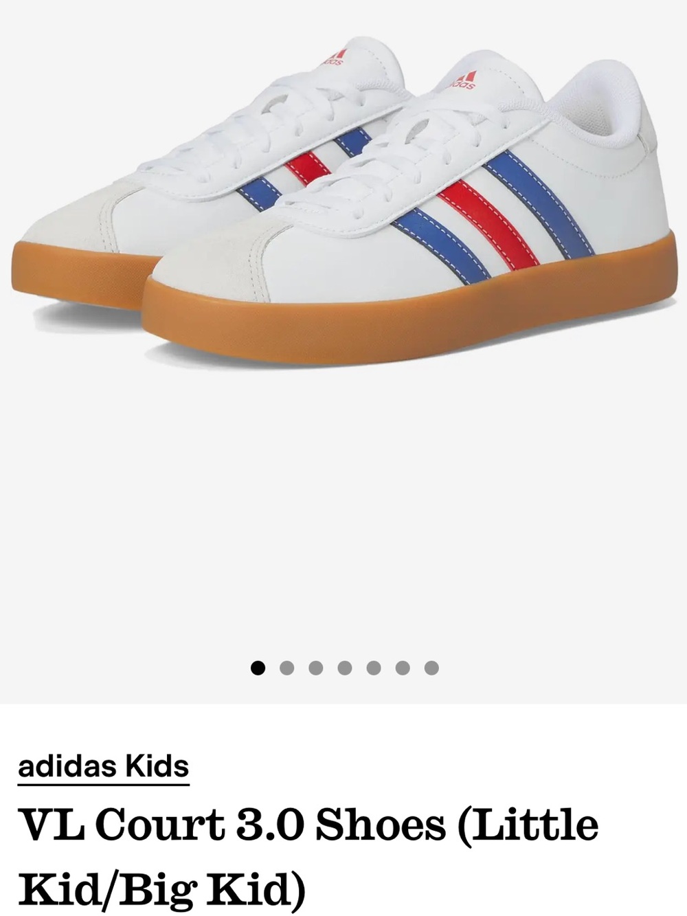 Adidas Kids VL Court 3.0 Shoes - White w/ Red & Blue Stripes Size 6.5y/39.5 Eur